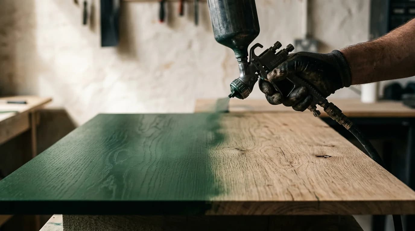 Mão com luva aplicando laca verde com pistola sobre painel de lâmina de carvalho, metade já pintada e metade com o veio natural